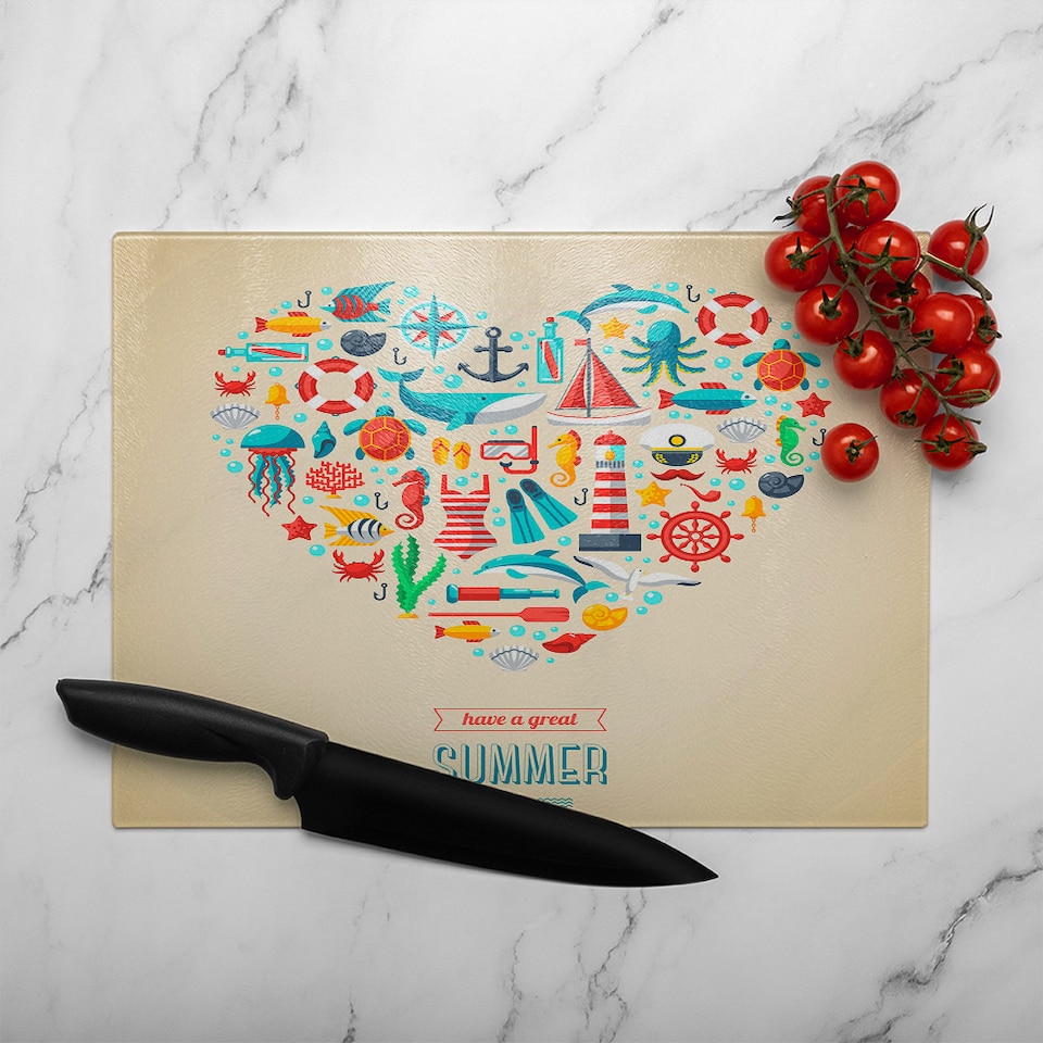 image 1 of Love Heart Of Sealife & Nautical Items Glass Chopping Board | Multi