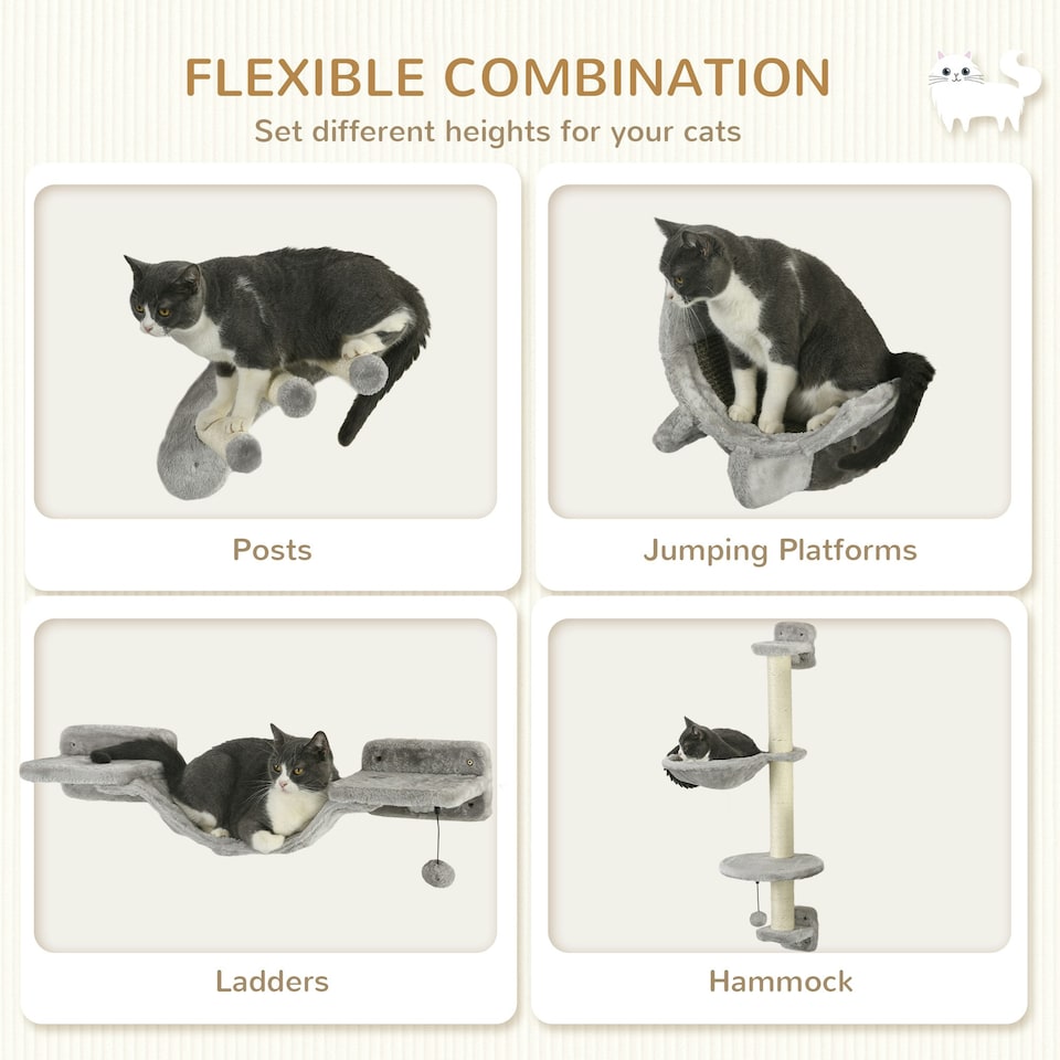 image 1 of PawHut 4 Piece Cat Wall Furniture Hammock Ladder Steps Plush Sisal Grey