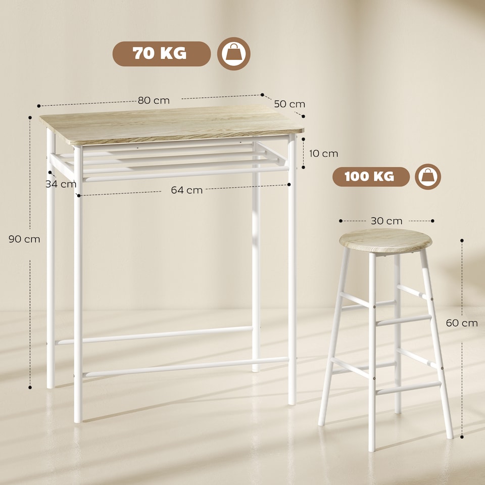 image 1 of HOMCOM 3-Piece Dining Set with 2 Matching Chairs and 1 Table, White and Oak