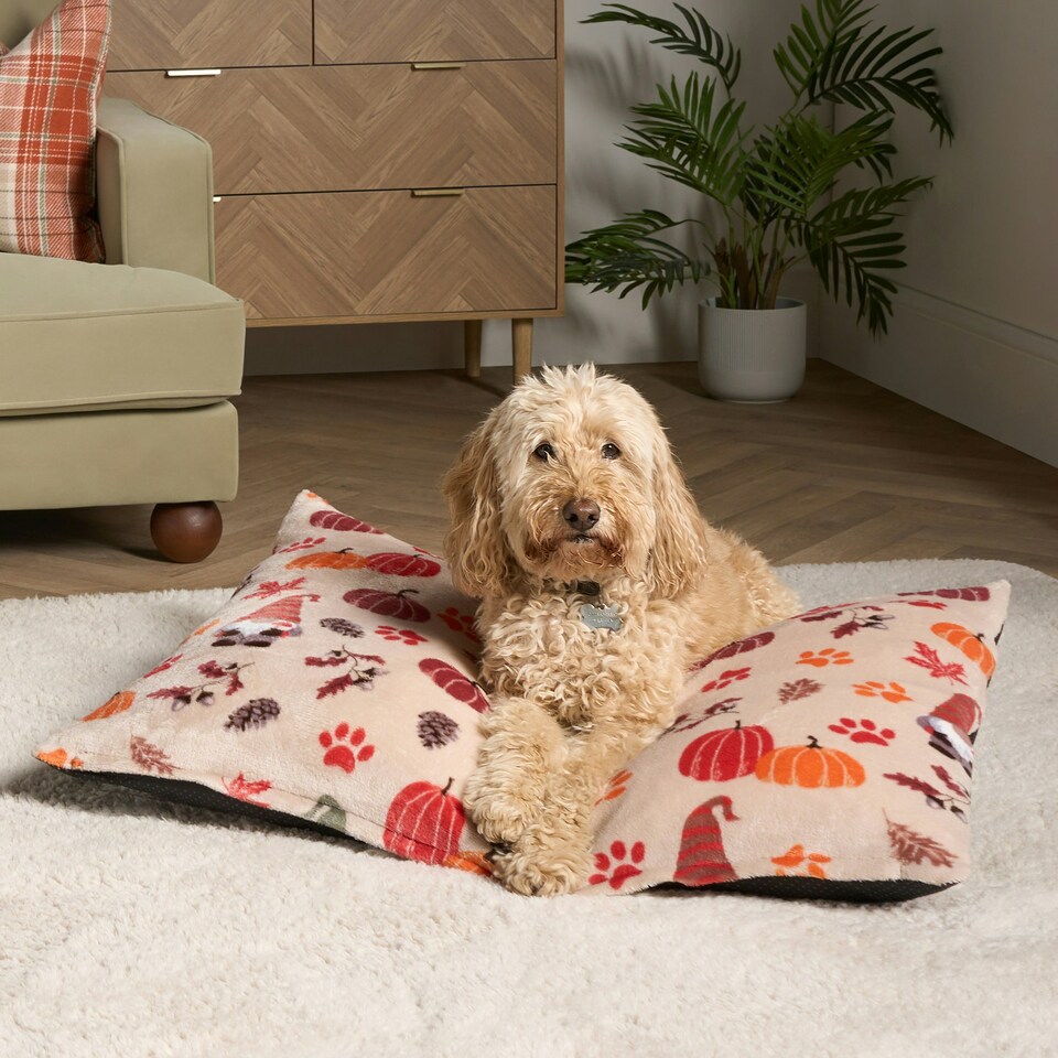 image 1 of OHS Dog Paw Print Soft Plush Plump Cosy Autumn Pumpkin Stripe Leopard Pet Bed Cushion, 80x60cm Brown | Natural - Autumnal | L