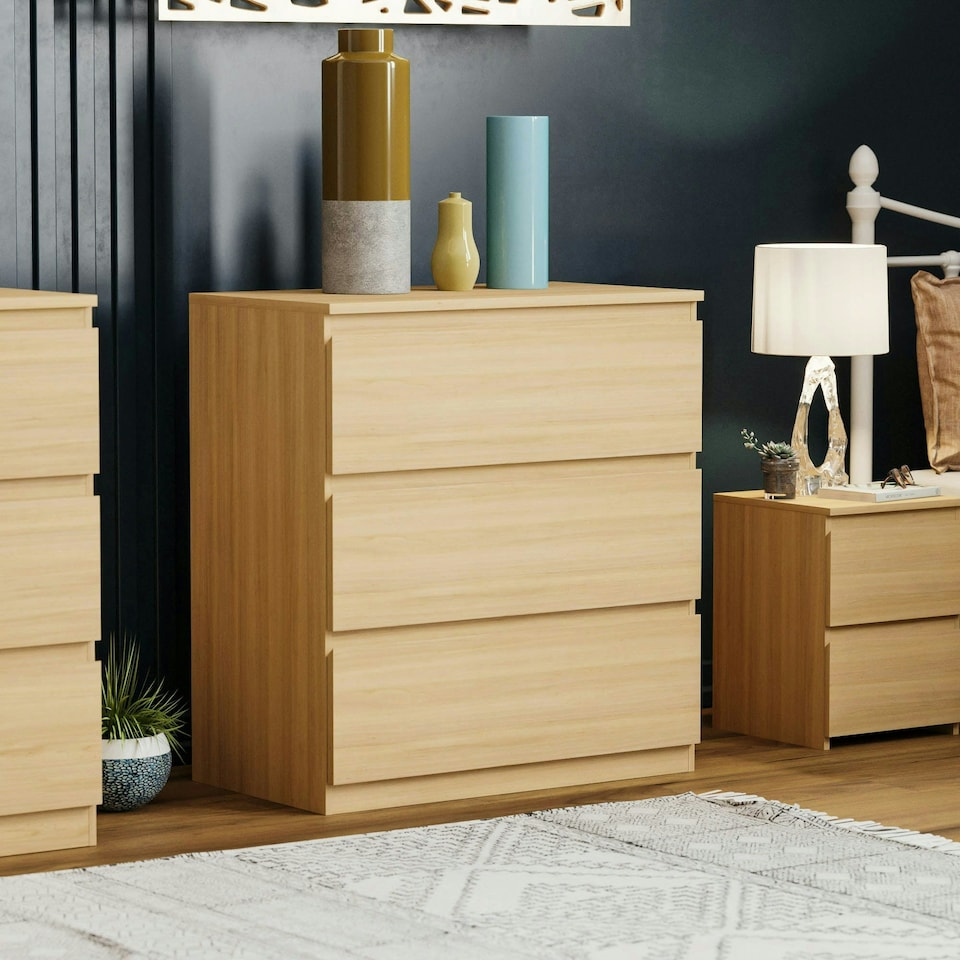 image 1 of Vida Designs Denver 3 Drawer Chest of Drawers Bedroom Storage, Pine