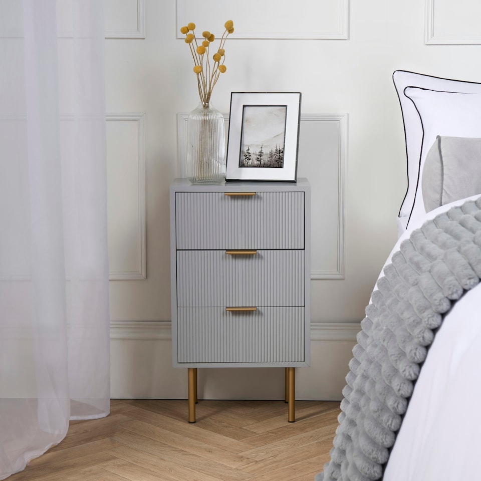 image 1 of OHS 3 Drawer Modern Ribbed Office Side Bedroom Nightstand Bedside Table Grey