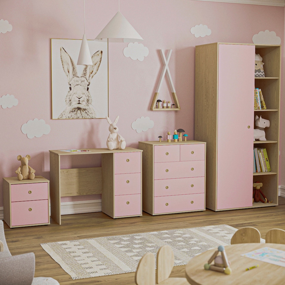 image 1 of Junior Vida Neptune 4 Piece Bedroom Set, Pink & Oak (Desk, Bedside Table, Drawer Chest, Wardrobe) | Pink | Pink | L | 4