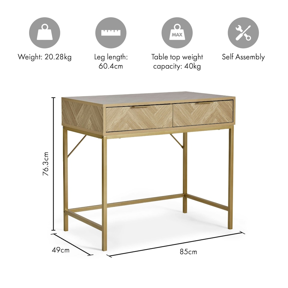 image 1 of VonHaus Ducie Dressing Table with Gold Frame and Herringbone Finish | Brown
