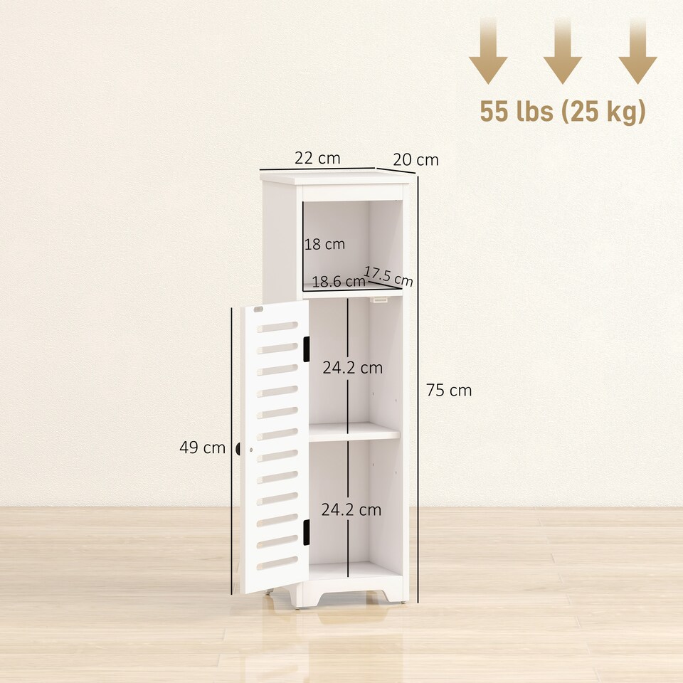 image 1 of HOMCOM Slim Bathroom Floor Cabinet with Louvered Door, Bathroom Storage Unit with Open Shelf, Adjustable Shelf, Freestanding Bathroom Cabinet Storage Cupboard, for Bathroom Living Room Kitchen, White