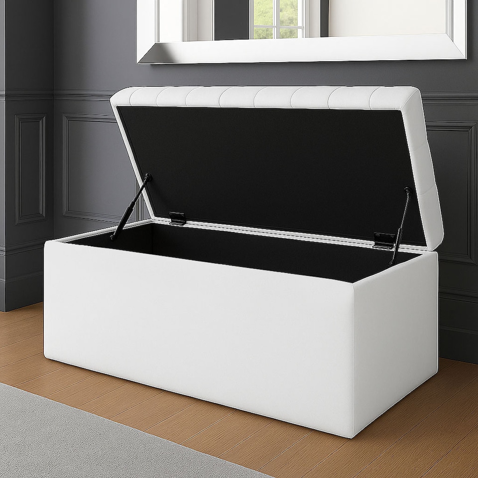 image 1 of 150cm SD Ottoman Storage Box, White Velvet Upholstered Chesterfield Storage Ottoman Box