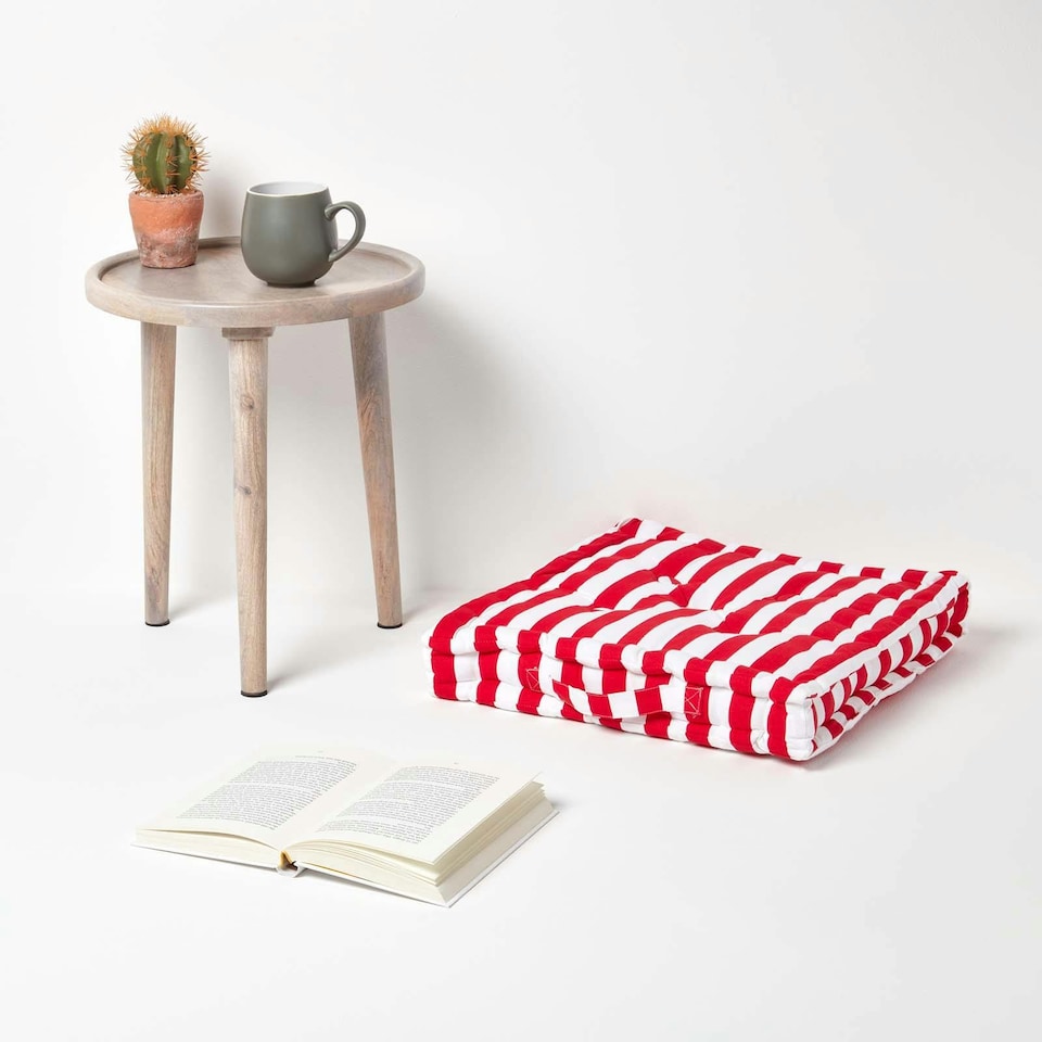 image 1 of Homescapes Cotton Red Thick Stripe Floor Cushion - 50 x 50 cm | Red | 50 x 50 cm