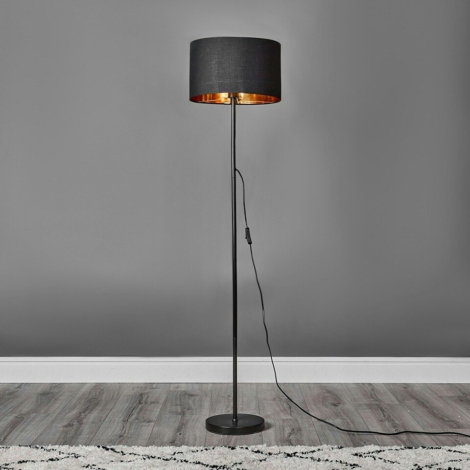 image 1 of ValueLights Floor Lamp Base In Black Metal Finish With Black Gold Drum Shade