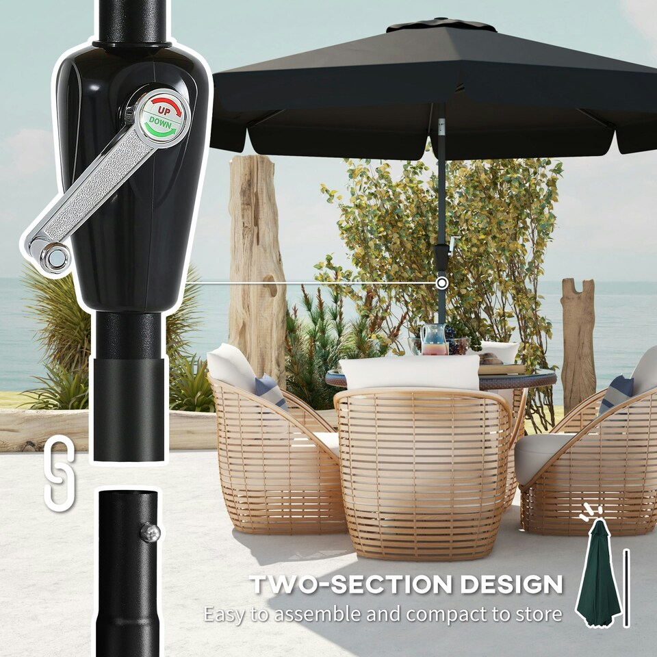 image 1 of Outsunny 2.7m Patio Umbrella Garden Parasol with Crank, Ruffles, 8 Ribs, Black