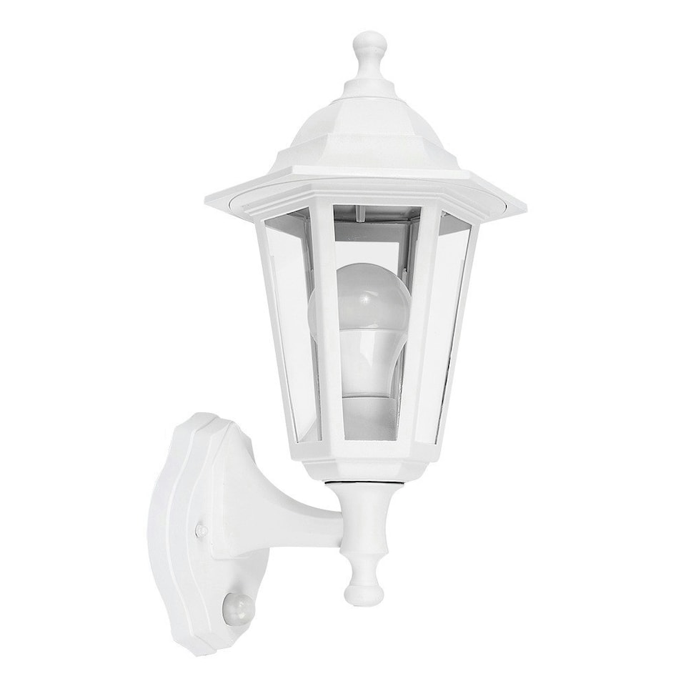 image 1 of ValueLights White Outdoor Garden Security IP44 Rated Wall Light Lantern With PIR Motion Detector Sensor And 1 x 6w LED ES E27 Bulb Black