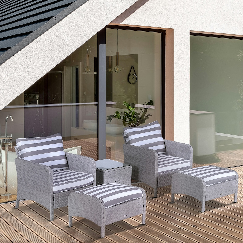 image 1 of Outsunny 5 Pieces PE Rattan Garden Furniture Set with 10cm Thick Padded Cushions, Wicker Weave Outdoor Seating Chairs with 2 Armchairs, 2 Stools, Glass Top Table, Grey and White
