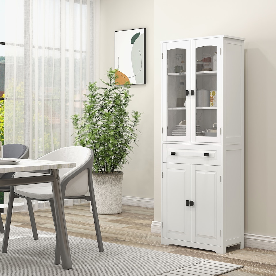 image 1 of HOMCOM Kitchen Cupboard, Freestanding Storage Cabinet with 2 Adjustable Shelves, Drawer and Glass Door for Living Room, Dining Room, 160cm, White