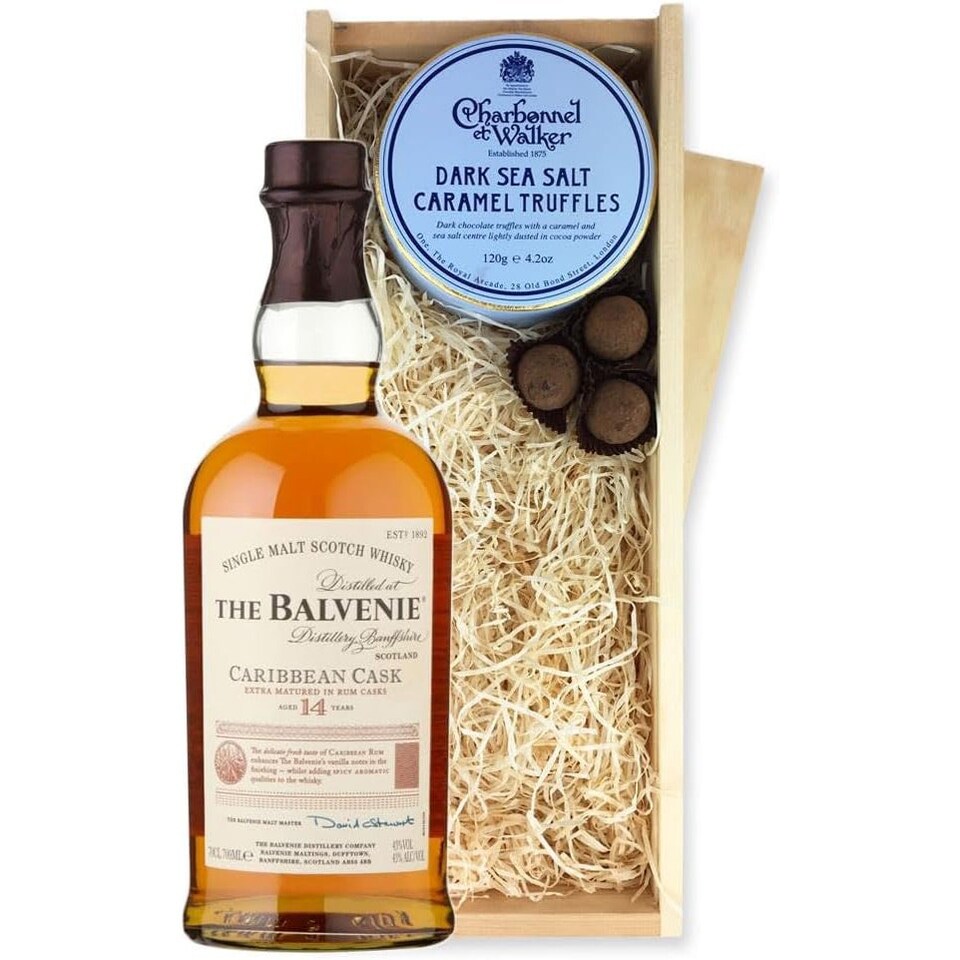 image 1 of Balvenie Caribbean Cask 14 Year Old Whisky And Dark Sea Salt Charbonnel Chocolates Box 70cl 43% abv