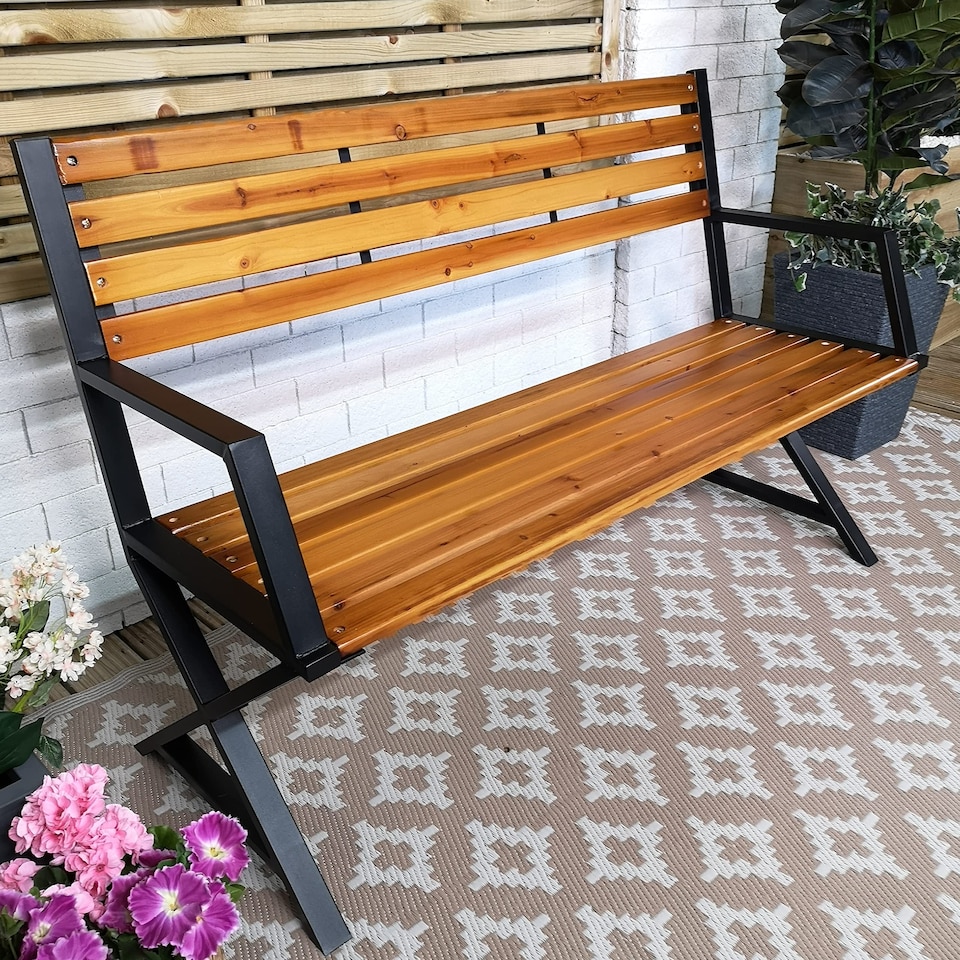 image 1 of Kendal 2 Person Outdoor Modern Cross Design Metal Wooden Garden Patio Bench