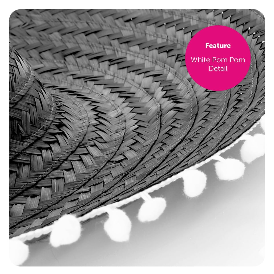 image 1 of Adult Black Pom-Pom Sombrero – Fancy Dress Mexican Hat | Black | 3