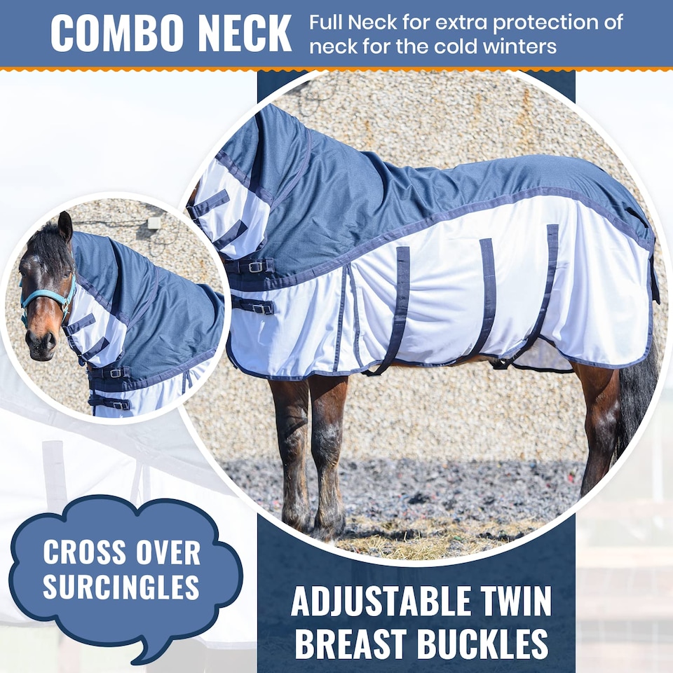 image 1 of eQuitack 600D 2 in 1 Waterproof Fly Turnout Mesh Horse Rug Fixed Neck Blue/White 6'0''