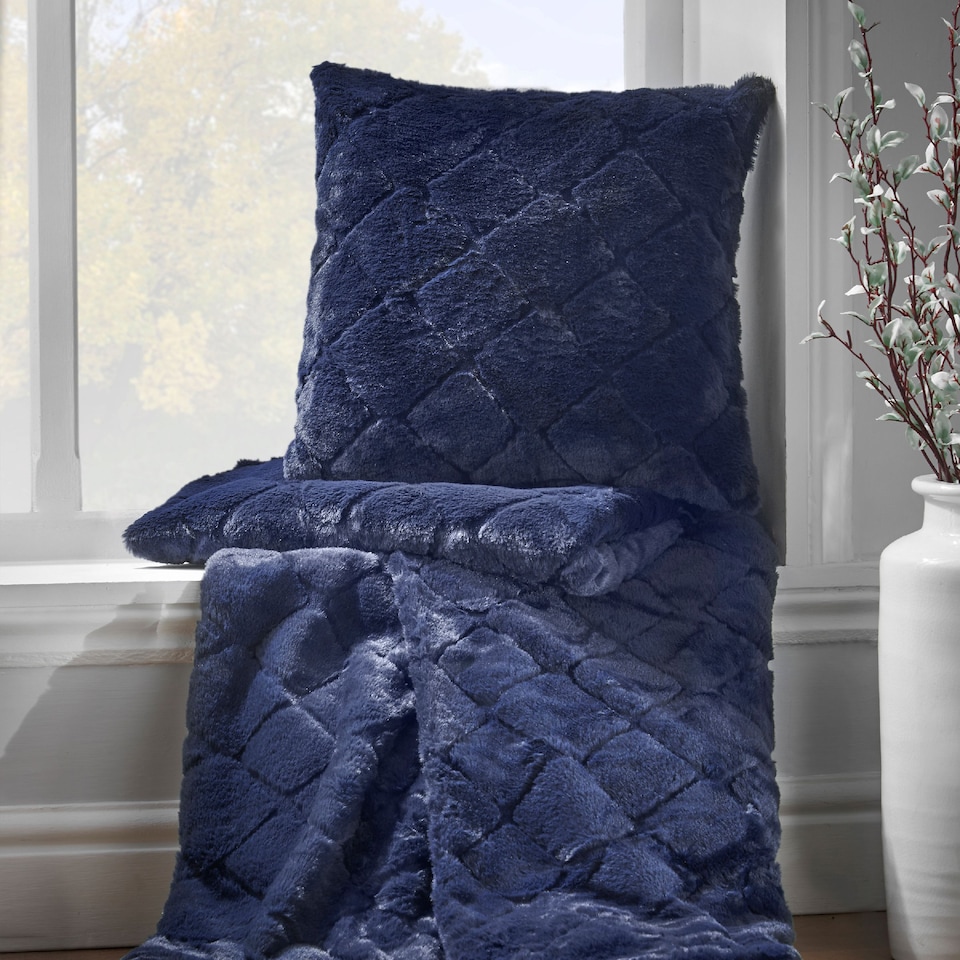 image 1 of Catherine Lansfield Cosy Diamond Faux Fur Soft Blanket Throw | Blue | Navy Blue