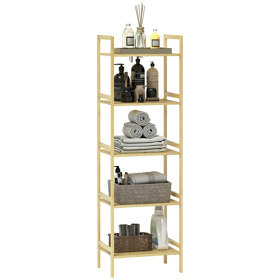 image 1 of HOMCOM 5-Tier Bamboo Bathroom Storage Shelf with Adjustable Rack, Natural