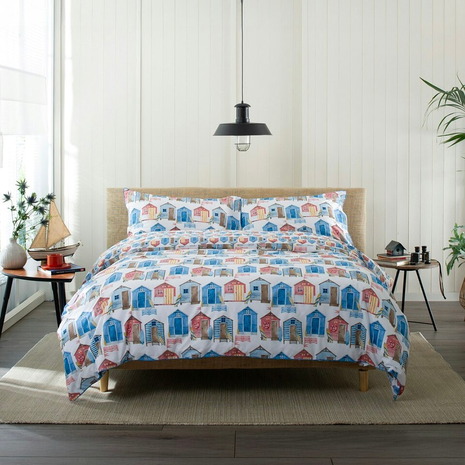 image 1 of Queens Parade 100% Cotton Duvet Set with Vibrant Beach Hut Print and Piped Edging Multi | White | King