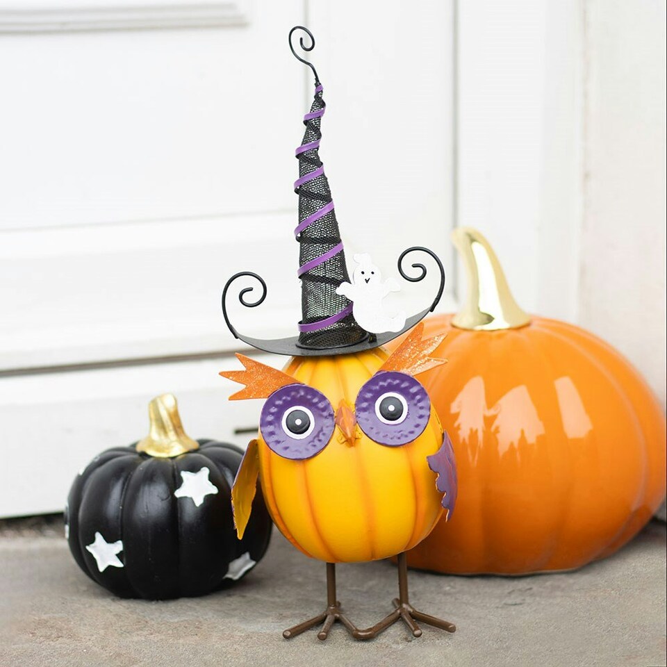 image 1 of Orange Metal Owl Ornament with Witch Hat and Ghost