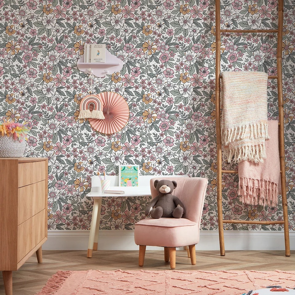image 1 of Gorgeous Gardenia Wallpaper in Sage Green and Pink on White | White | Sage Green And Pink On White | 50cm x 10m