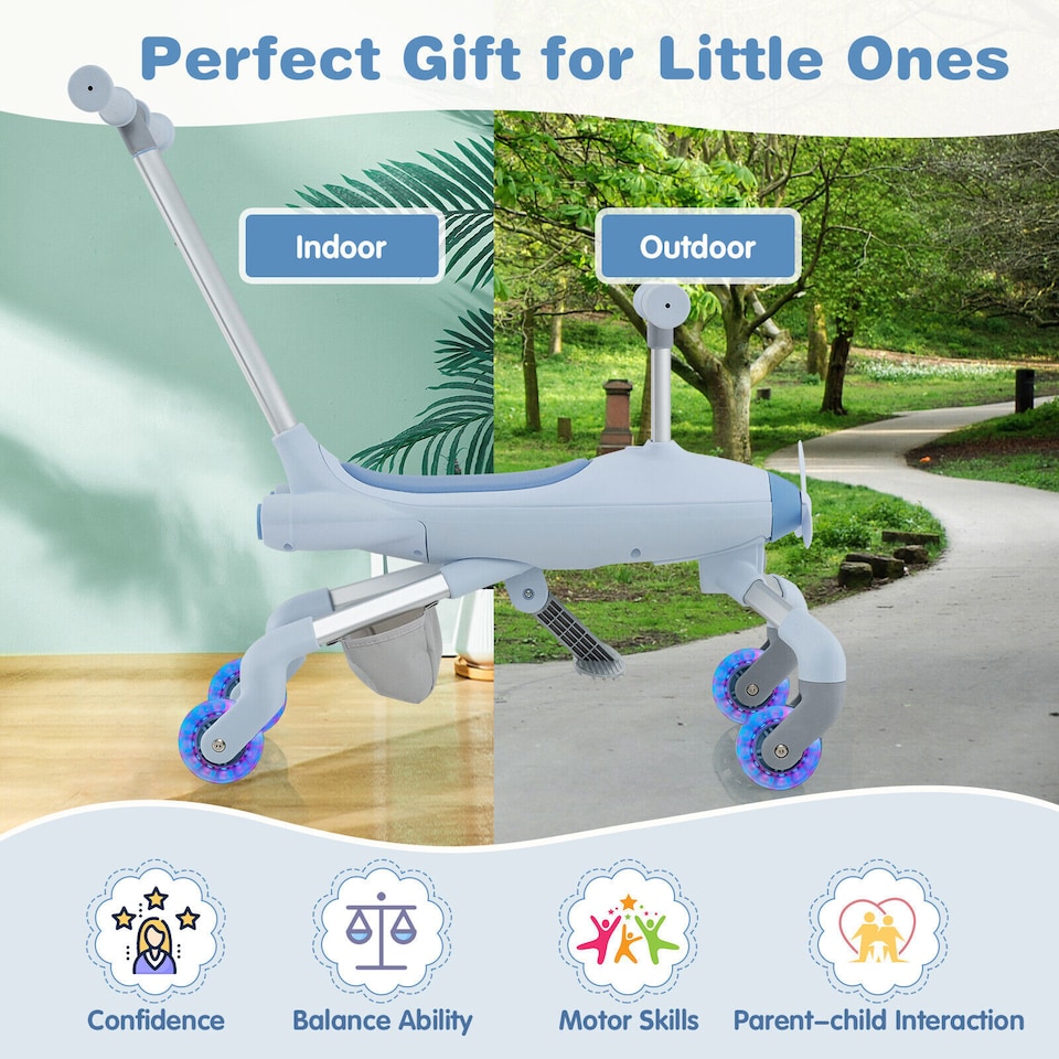 image 1 of COSTWAY 2-in-1 Kids Ride-on Push Car Plane-Themed Blue