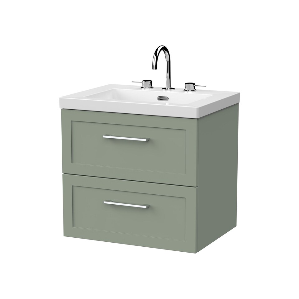 image 1 of Balterley Stonnall Traditional Wall Hung 2 Drawers Vanity Unit with 3 Tap Hole Fireclay Basin, 600mm, Reed Green