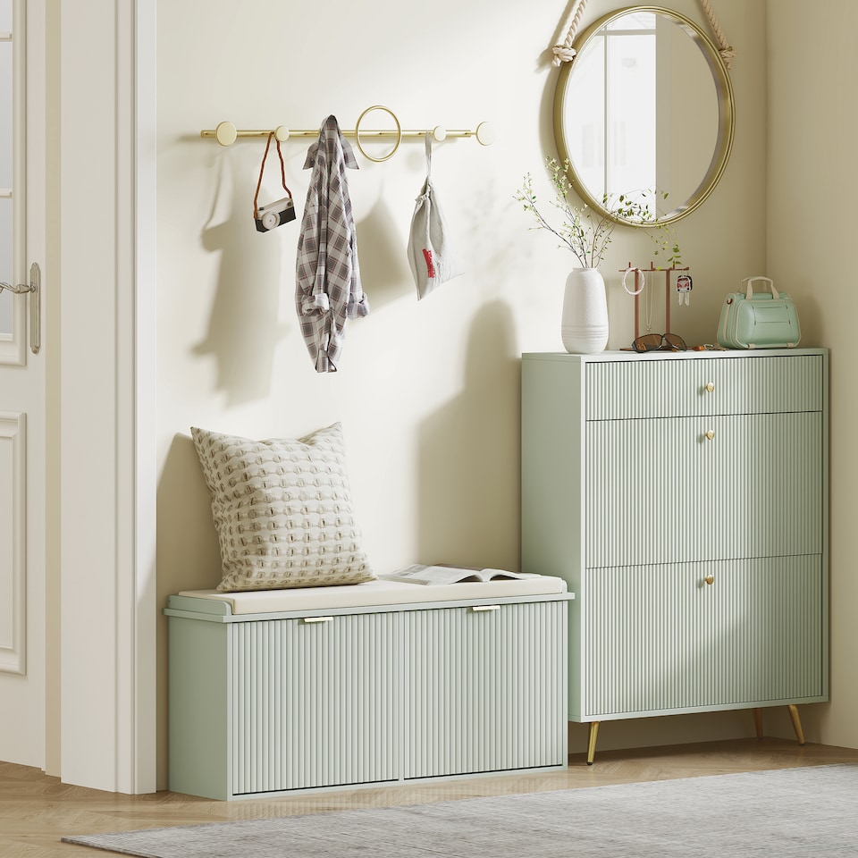 image 1 of HOMCOM Shoe Storage Bench with Cushion and Flip-Drawer 104x26x47.5cm Green | Green | Green