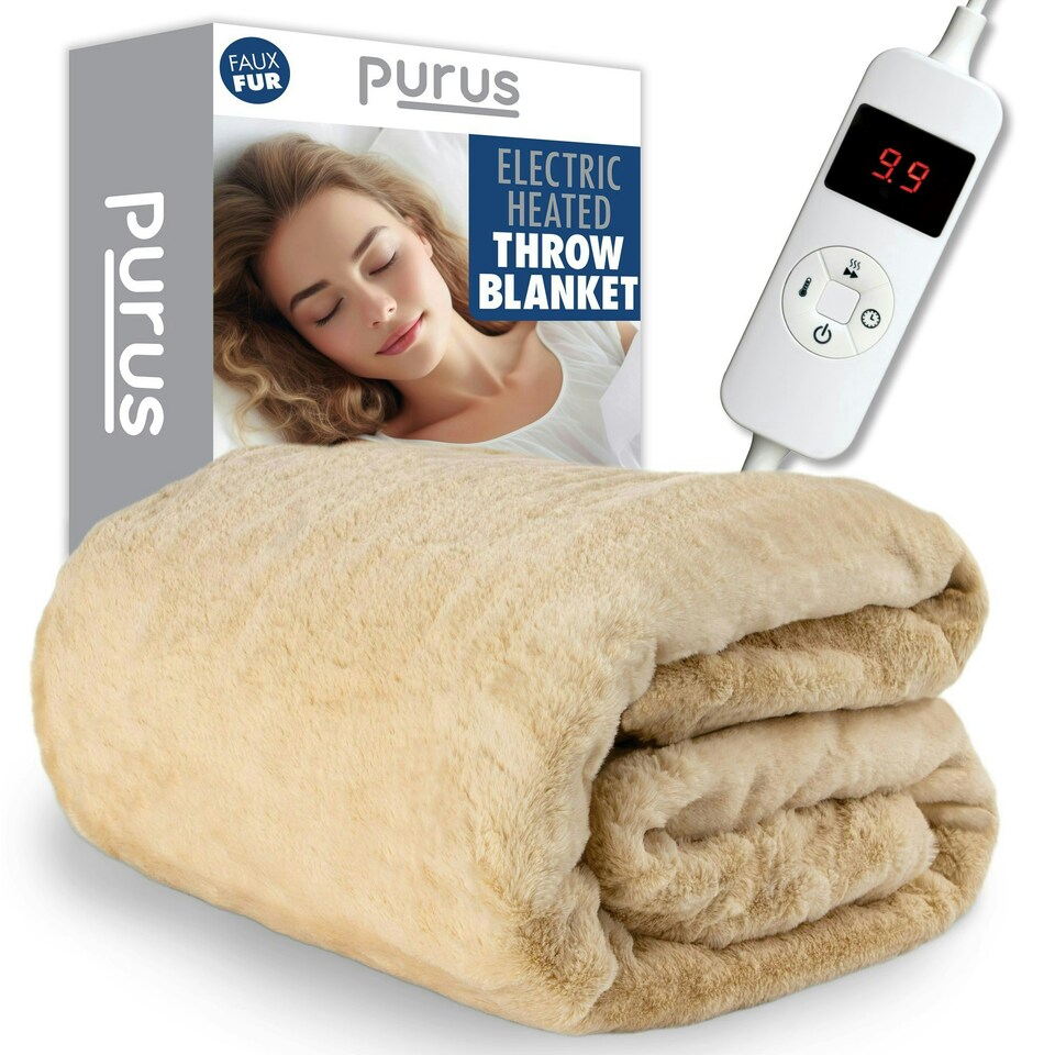 image 1 of Purus Faux Fur Electric Heated Throw Blanket 160x130cm Cream | Cream | Cream | One Size | 1