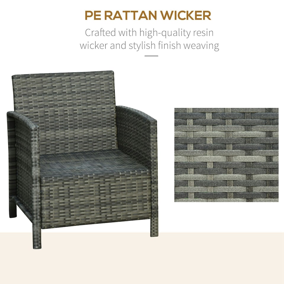 image 1 of Outsunny 3 PC Outdoor Rattan Sofa Set w/ Chairs Coffee Table Cushion Grey