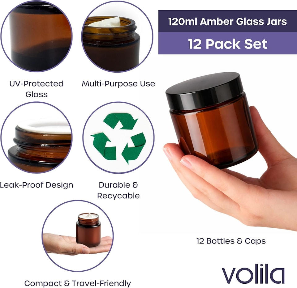 image 1 of Cosmetic Amber Glass Jar Set - UV Protection for Powder, Lotion and Cream