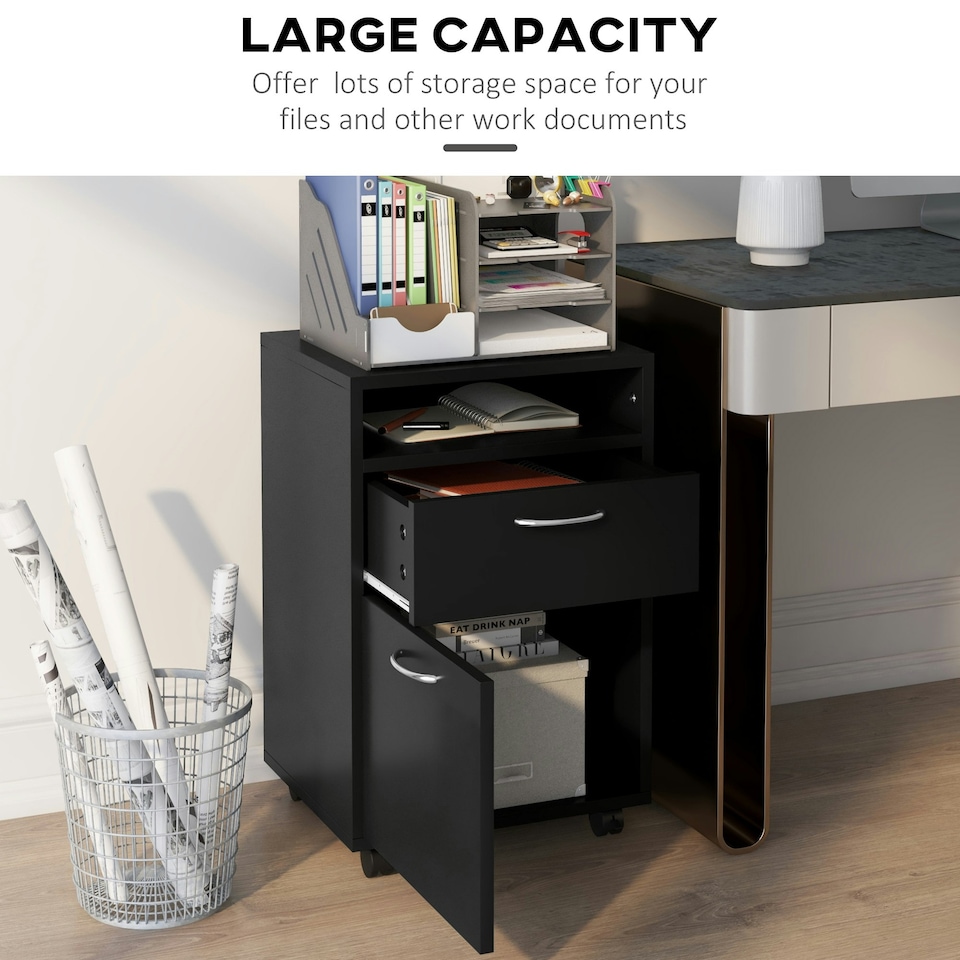 image 1 of HOMCOM 60cm Storage Cabinet w/ Drawer Open Shelf Metal Handles