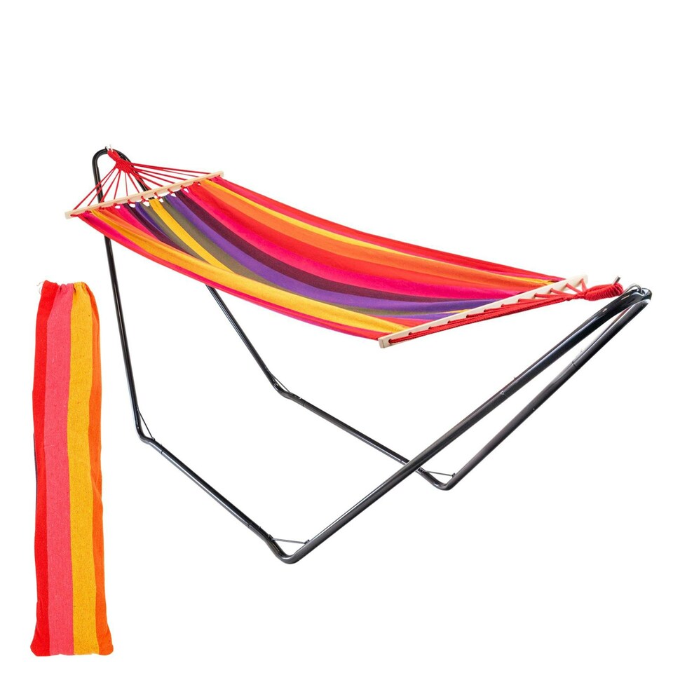 image 1 of Harbour Housewares Garden Spreader Bar Hammock with Stand - Multi Stripe