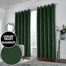 Luxury Enhanced Living Green Velvet, Supersoft, Blackout, Thermal Pair of Curtains with Eyelet Top - 66 x 90 inch (168x229cm)