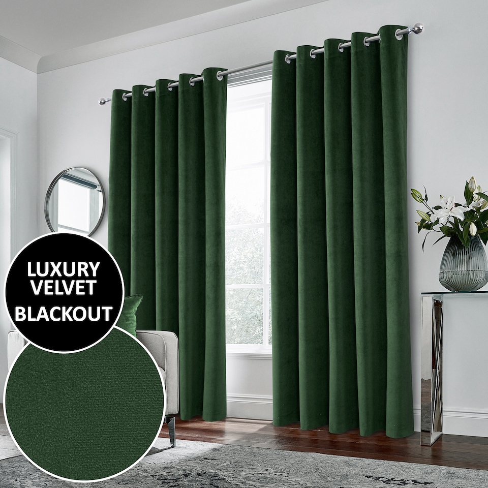 image 1 of Luxury Enhanced Living Green Velvet, Supersoft, Blackout, Thermal Pair of Curtains with Eyelet Top - 66 x 90 inch (168x229cm)