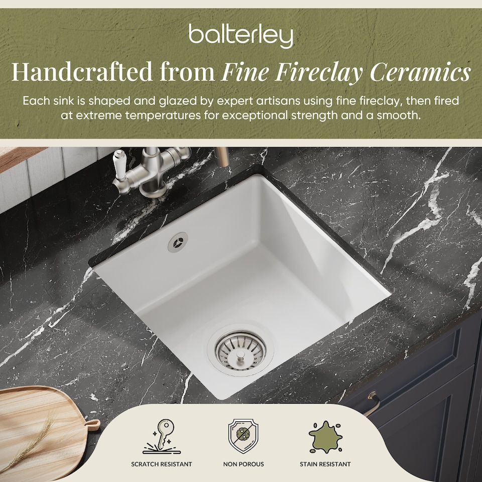 image 1 of Balterley Fireclay Single Bowl Square Undermount Kitchen Sink with Overflow | White | White | 1
