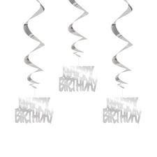 Silver Happy Birthday Script Hanging Swirl Decorations - Pack of 3