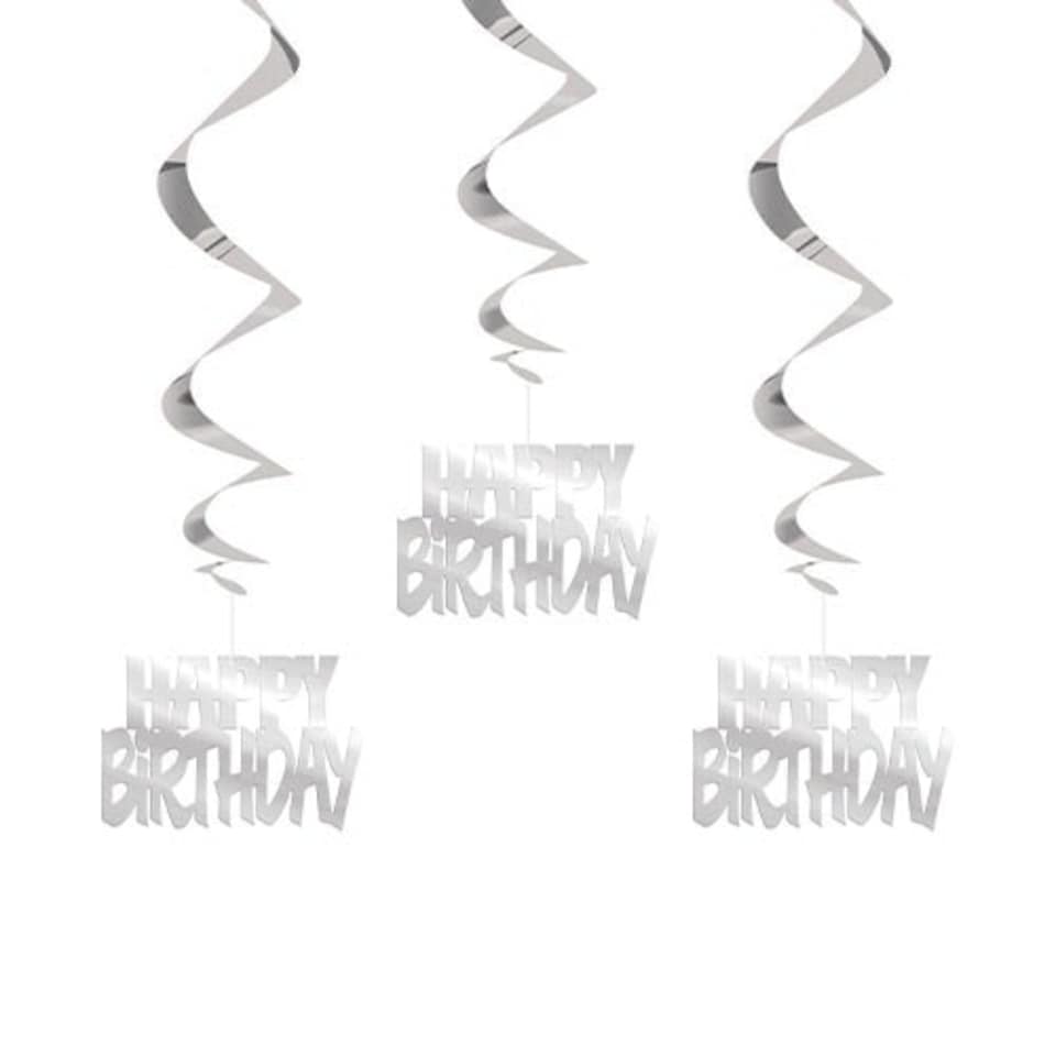 Silver Happy Birthday Script Hanging Swirl Decorations - Pack of 3