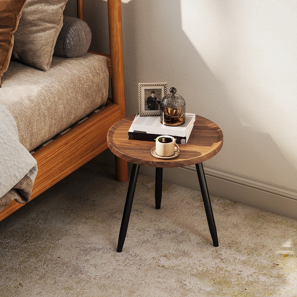 image 1 of HOMCOM Round Coffee Table, Modern End Side Table with Steel Frame for Small Space, Sofa Beside, Living Room, Bedroom, Office, Chestnut Wood Effect | Brown | Chestnut | 1