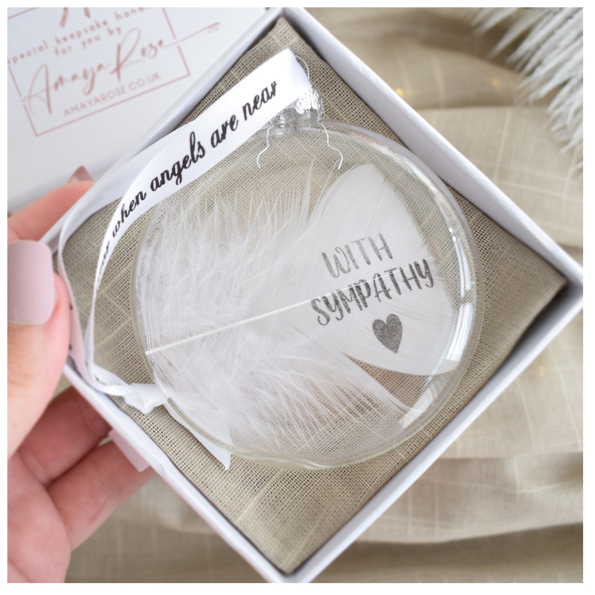 Amaya Rose Ltd With Sympathy Round Feather Bauble In Memory Bereavement Gift Boxed in Clear