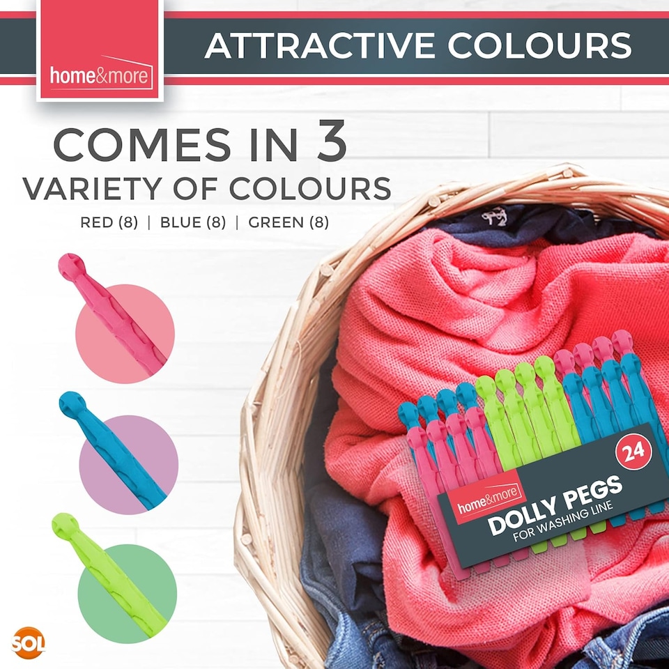 image 1 of 24pk Dolly Pegs for Washing Line – Heavy Duty Plastic Clothes Clips with Extra Strong Grip, Weather-Resistant for Indoor/Outdoor Drying