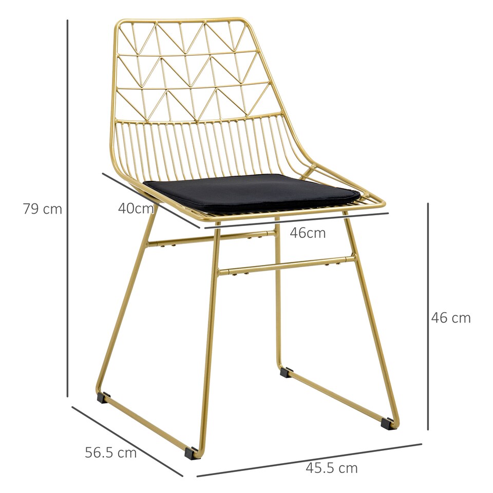 image 1 of HOMCOM Luxurious Dining Chairs Set of 2, Metal Wire Kitchen Chair with Removable Velvet-feel Cushion, Cut-out Back and Steel Frame for Dining Room, Gold Tone
