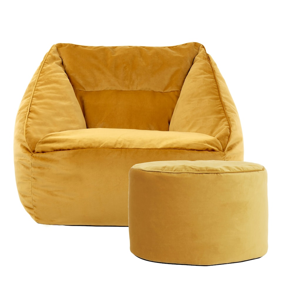 image 1 of icon Natalia Velvet Adults Bean Bag Armchair and Pouffe, Ready Filled Large Beanbag and Footstool Ochre Yellow Yellow | Yellow