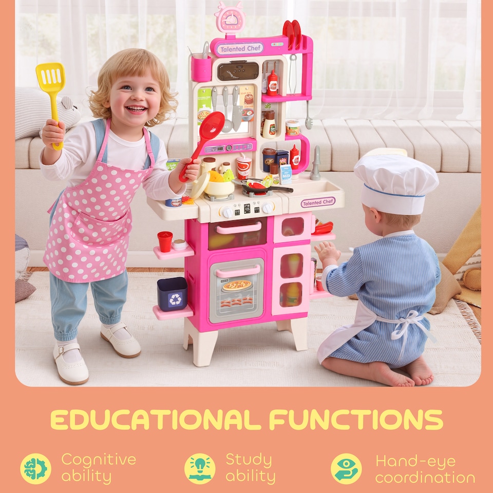 image 1 of AIYAPLAY Kids Play Kitchen Toy Kitchen Pretend Role Play Set 104PCS Accessories Including Realistic Lights & Sounds, Toy Food, Pots, Utensils, for 3-6 Years, Pink