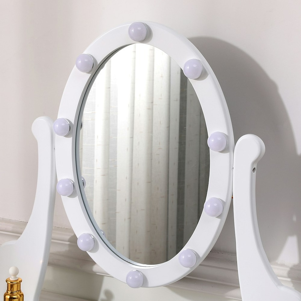 image 1 of Living and Home Lighted Makeup Vanity Desk with Mirror and Stool - White