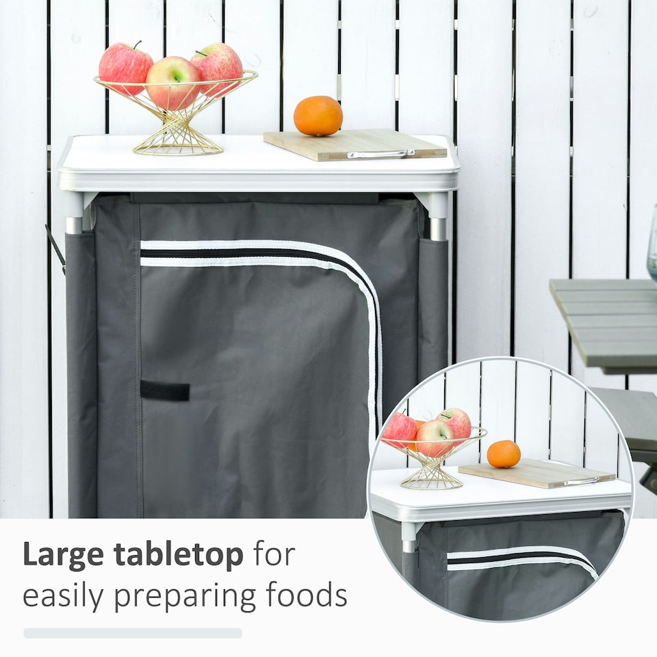 image 1 of Outsunny Outdoor 3-shelf Camping Cupboard Kitchen Station Cook Table Grey