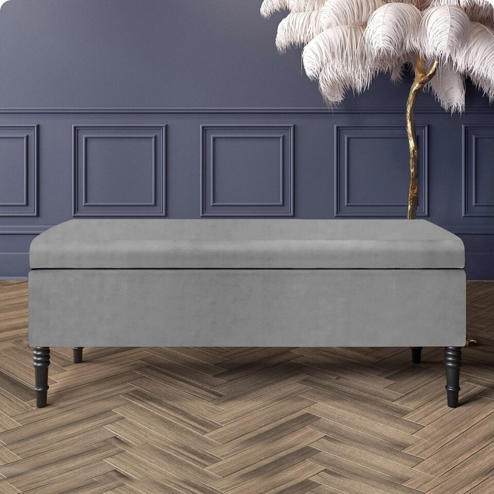 image 1 of Paris Plain 120cm Ottoman Storage Bench - Plush Velvet Shoe Bench - Silver Upholstery Footstool with Storage