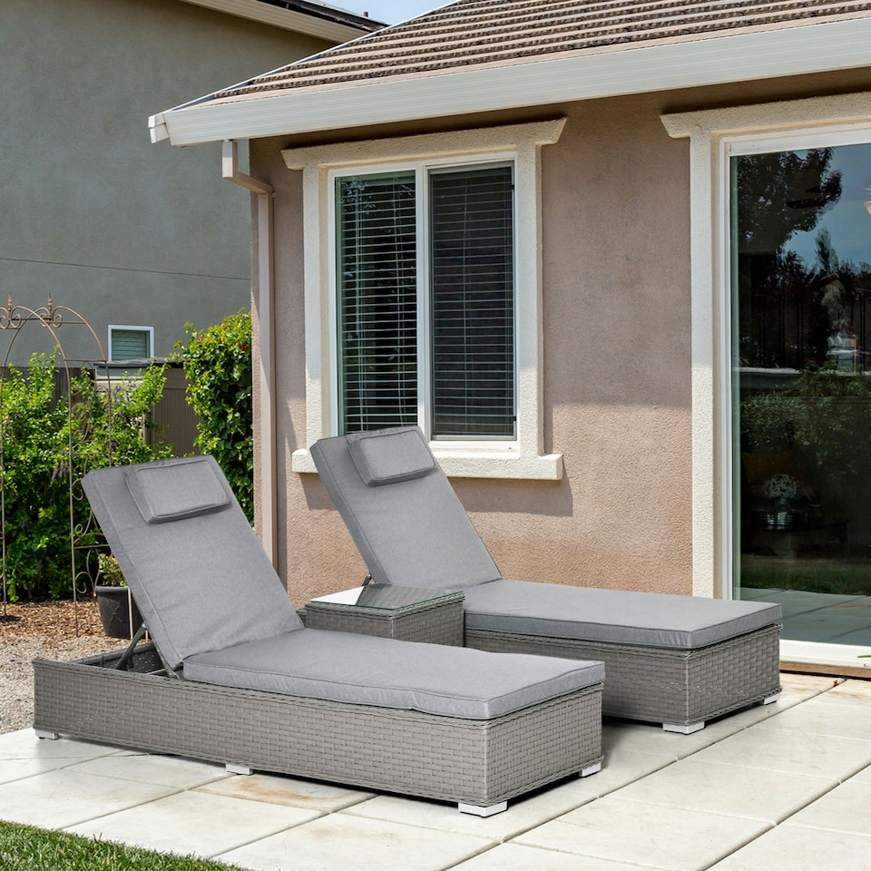 image 1 of Outsunny 3 PCS Outdoor Rattan Lounger Table Sectional Conversation Furniture Set