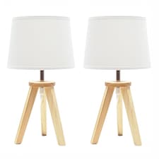 ValueLights Jackson Pair of Natural Wood Tripod Table Lamps with Shades | Brown