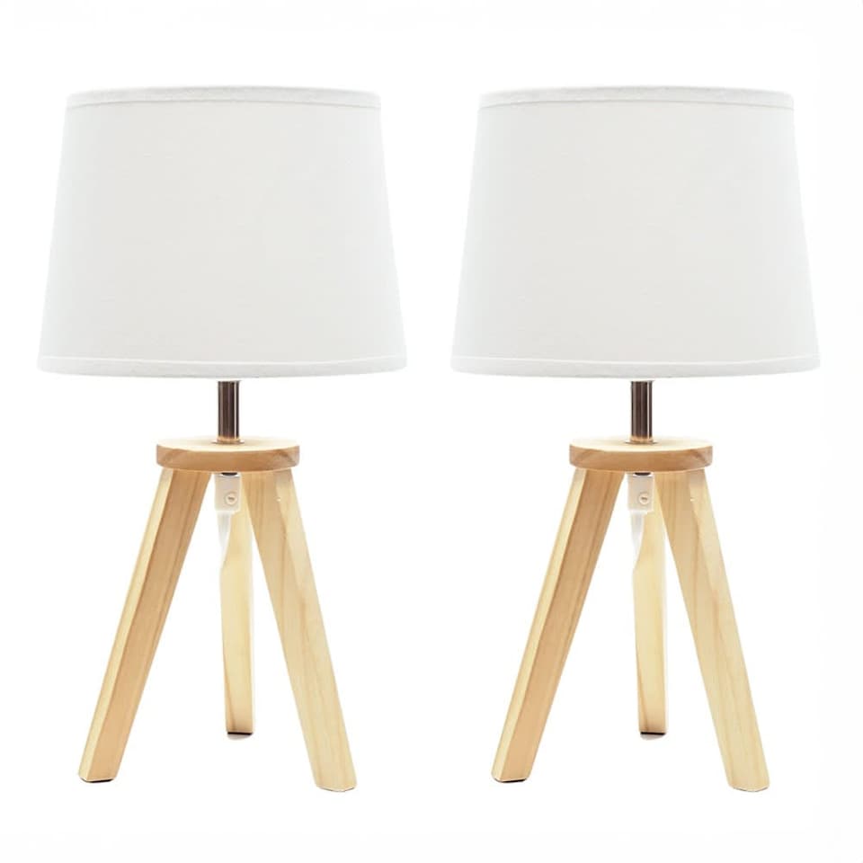 image 1 of ValueLights Jackson Pair of Natural Wood Tripod Table Lamps with Shades | Brown